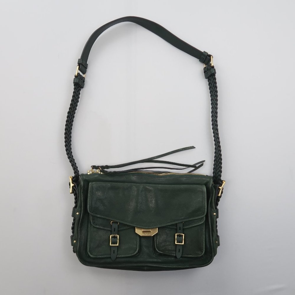 Dark Green Leather Crossbody Bag with Braided Strap
